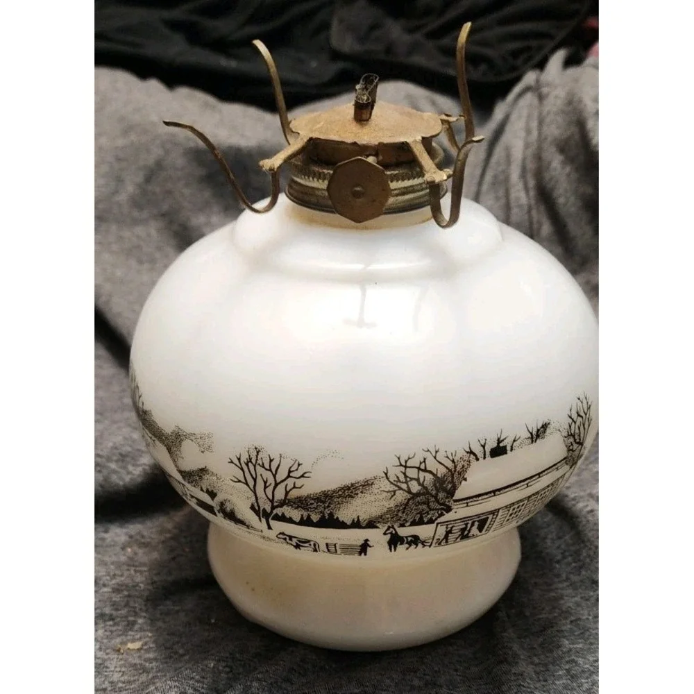 Vintage Currier & Ives Milk Glass Lantern Base Horses Farm Homestead  Rare